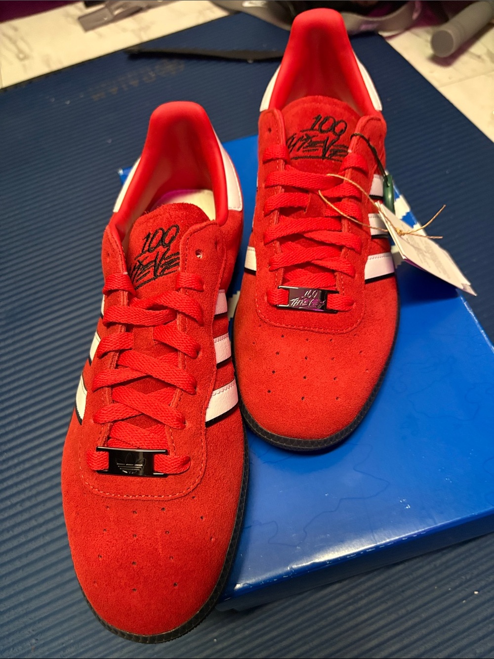 Red Suede Adidas 100 thieves Men's Sneakers with White Stripes - Classic Low-Top